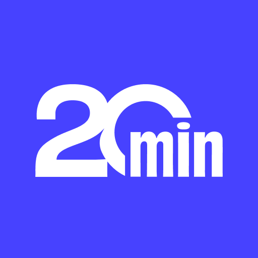 Logo du journal d'actualité gratuit 20 Minutes sur fond bleu.